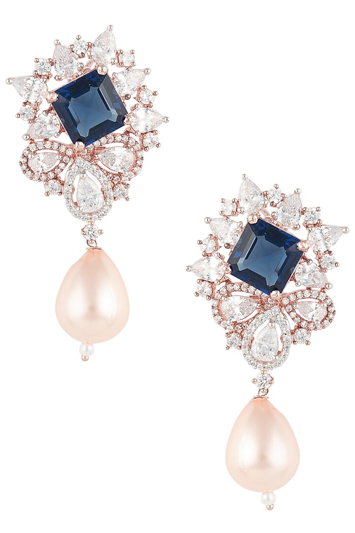 Rose gold finish zircon, blue stone and pearl earrings available only at Pernia's Pop Up Shop.