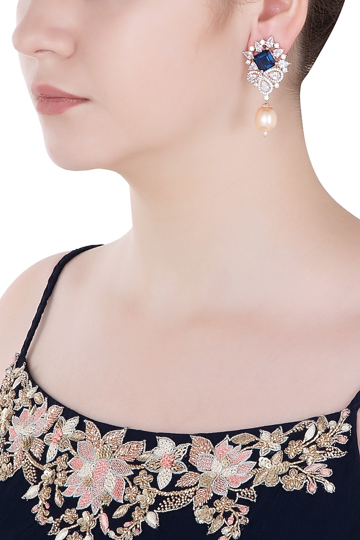 Rose gold finish zircon, blue stone and pearl earrings available only at Pernia's Pop Up Shop.