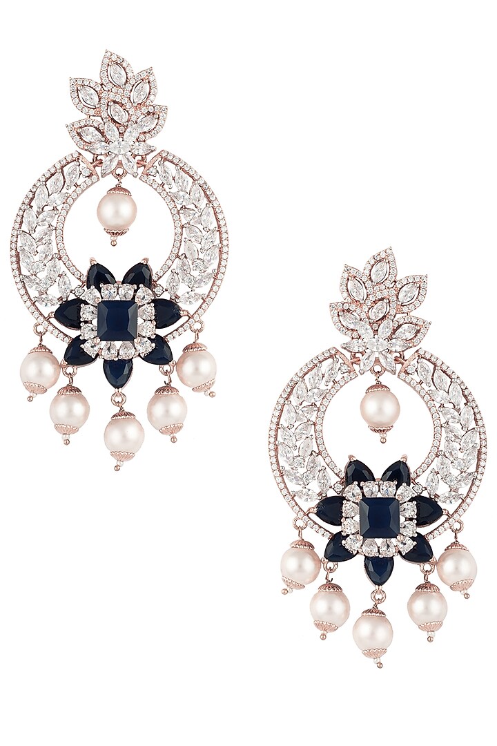Rose gold finish zircon, blue stone and pearls chandbali earrings available only at Pernia's Pop Up Shop.