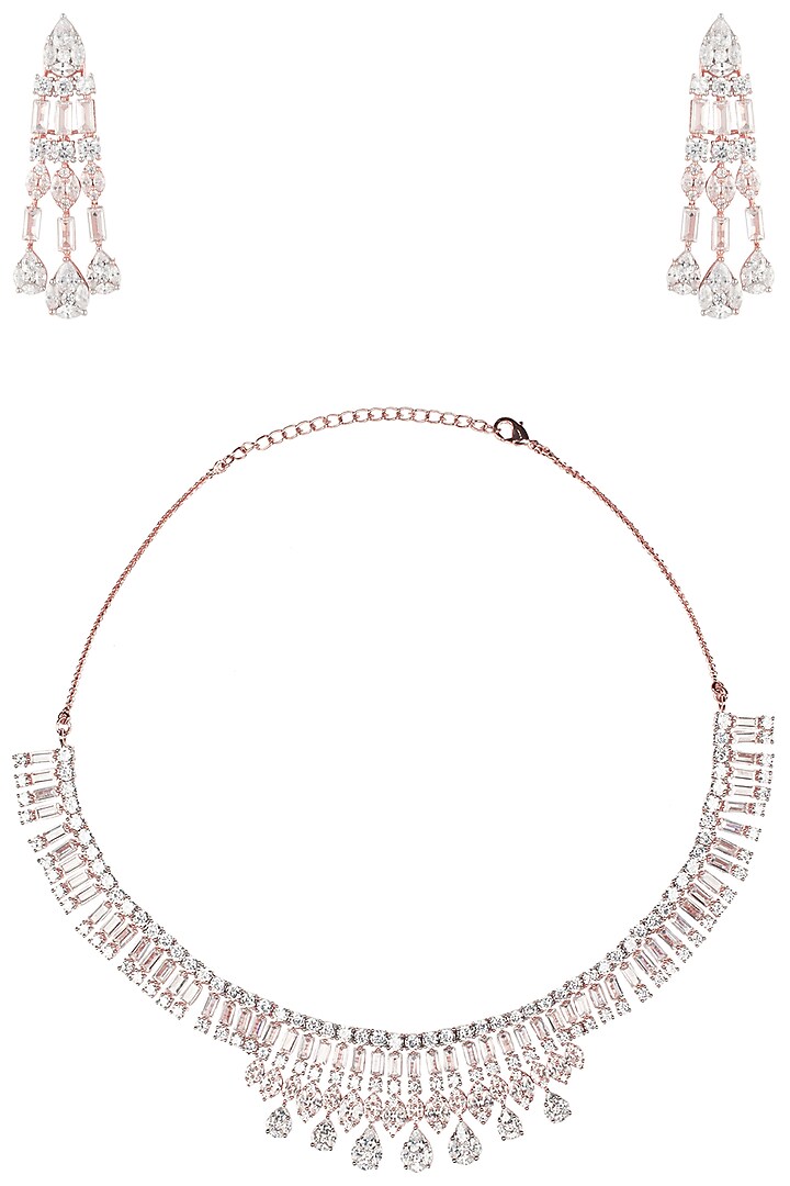 Rose gold finish zircons and baguette necklace set available only at Pernia's Pop Up Shop.