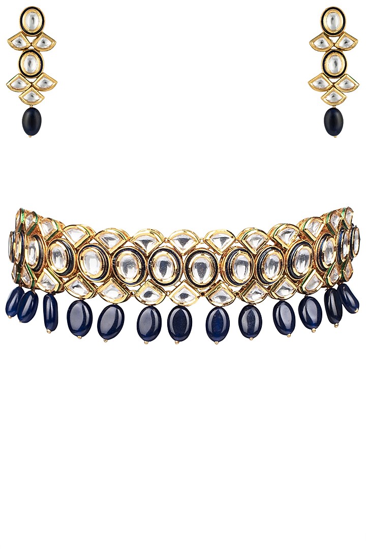 Gold finish kundan, blue enamel and stone drops choker necklace set available only at Pernia's Pop Up Shop.