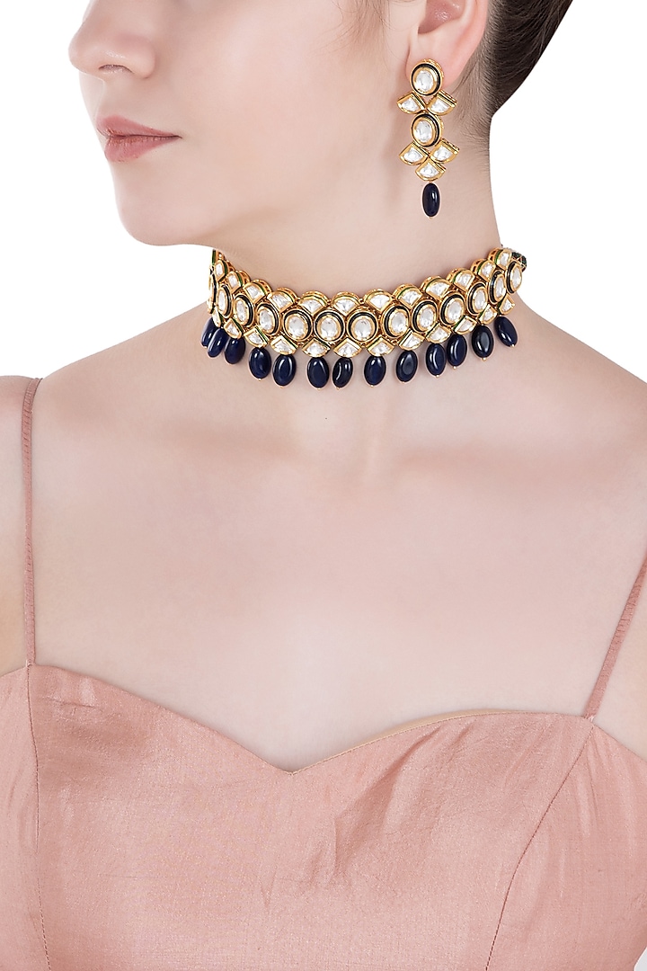 Gold Finish Kundan, Blue Enamel and Stone Drops Choker Necklace Set by Aster