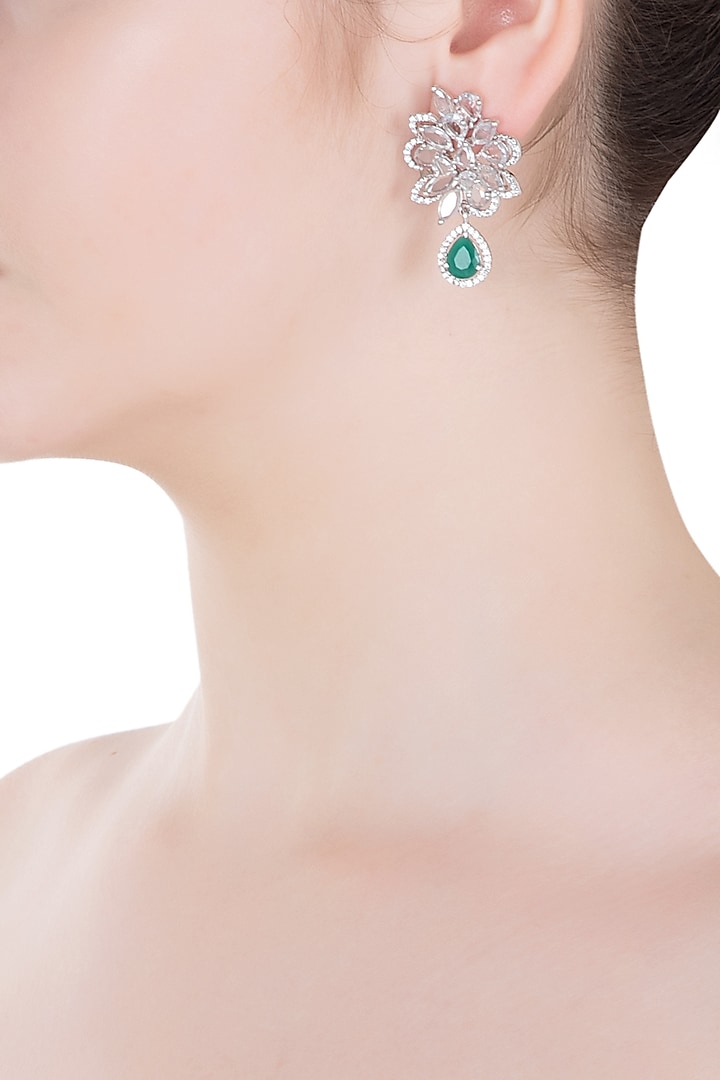 Silver Finish Zircon and Green Stone Earrings by Aster