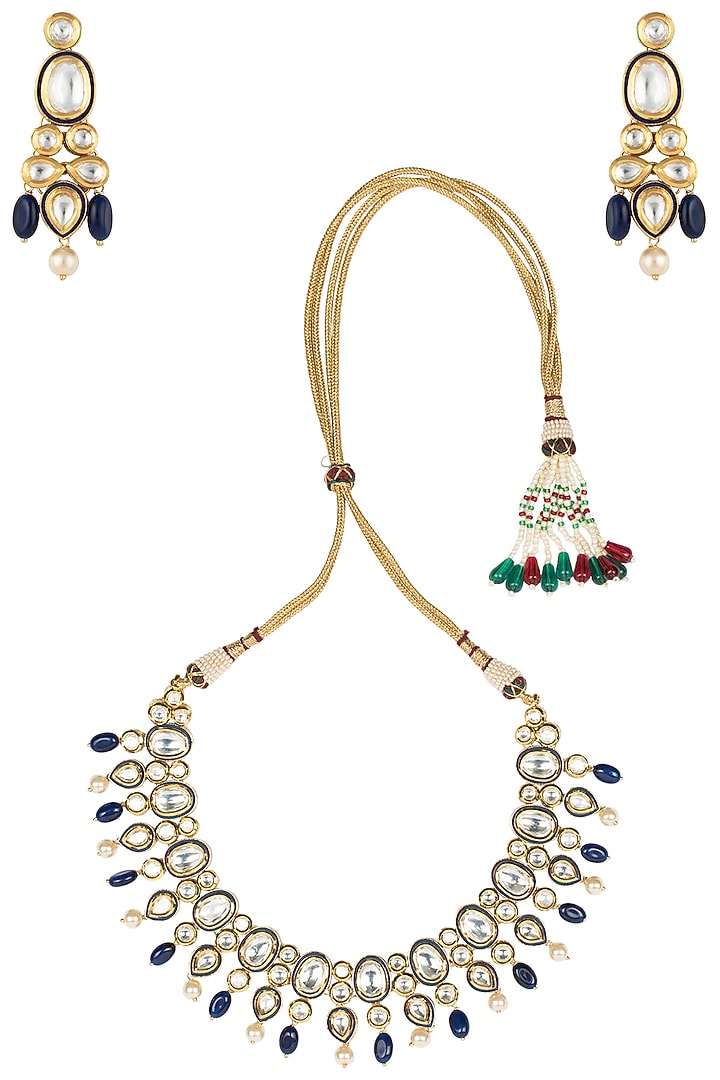 Gold finish kundan, blue enamel and pearl drops necklace set available only at Pernia's Pop Up Shop.