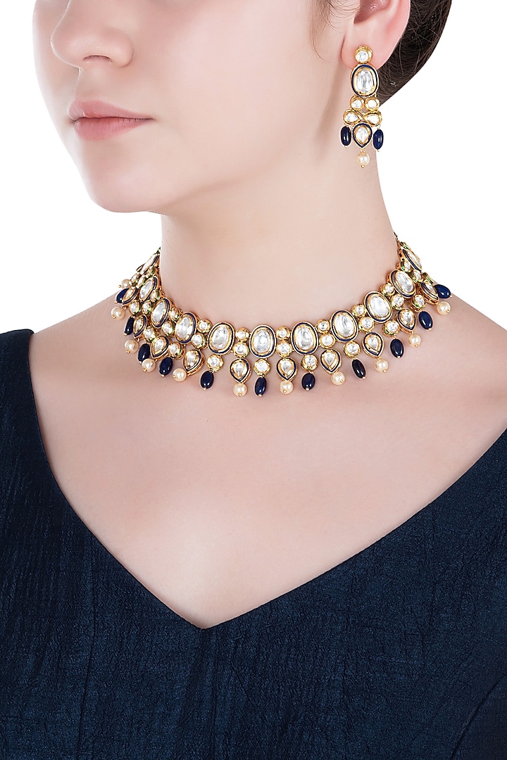 Gold Finish Kundan, Blue Enamel and Pearl Drops Necklace Set by Aster
