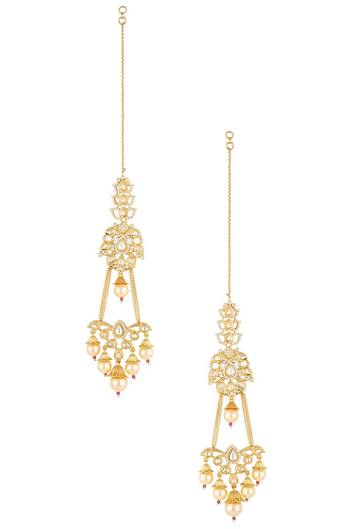 Gold finish kundan and pearls dangler earrings available only at Pernia's Pop Up Shop.