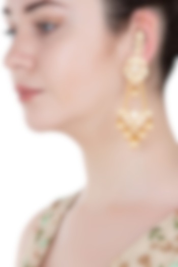 Gold Finish Kundan and Pearls Dangler Earrings by Aster