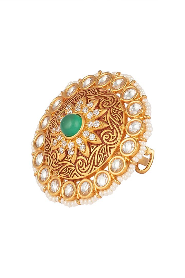 Gold finish kundan, maroon enamel and green stone ring available only at Pernia's Pop Up Shop.