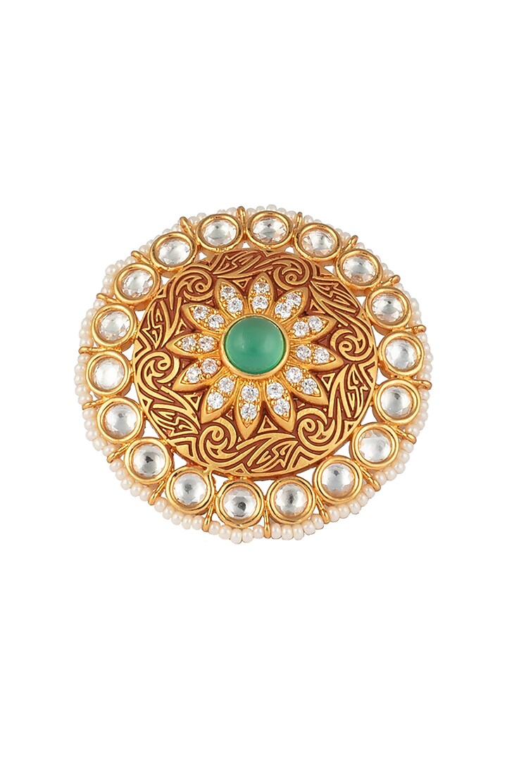 Gold finish kundan, maroon enamel and green stone ring available only at Pernia's Pop Up Shop.