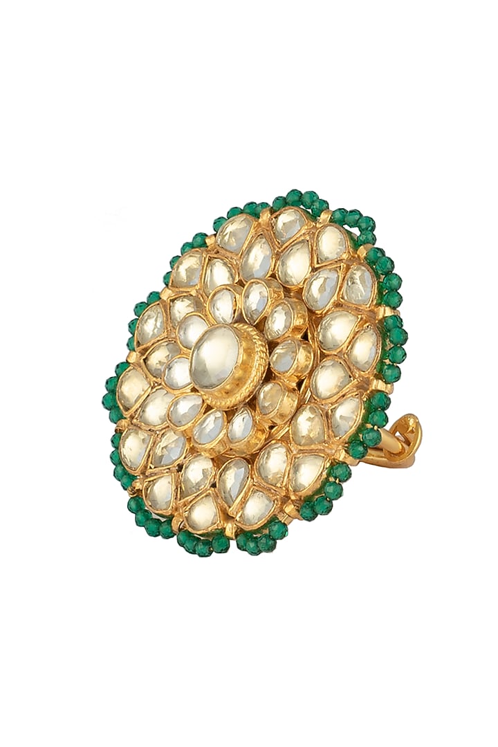 Gold finish kundan and green beads ring available only at Pernia's Pop Up Shop.