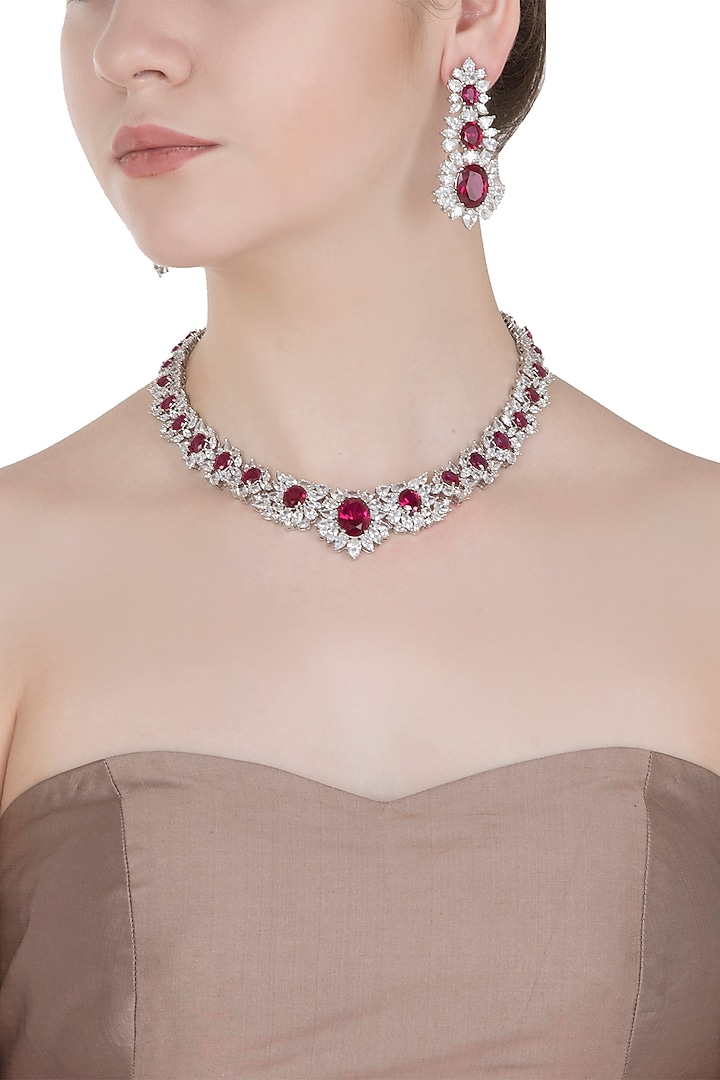 White Gold Finished Faux Ruby Necklace by Aster