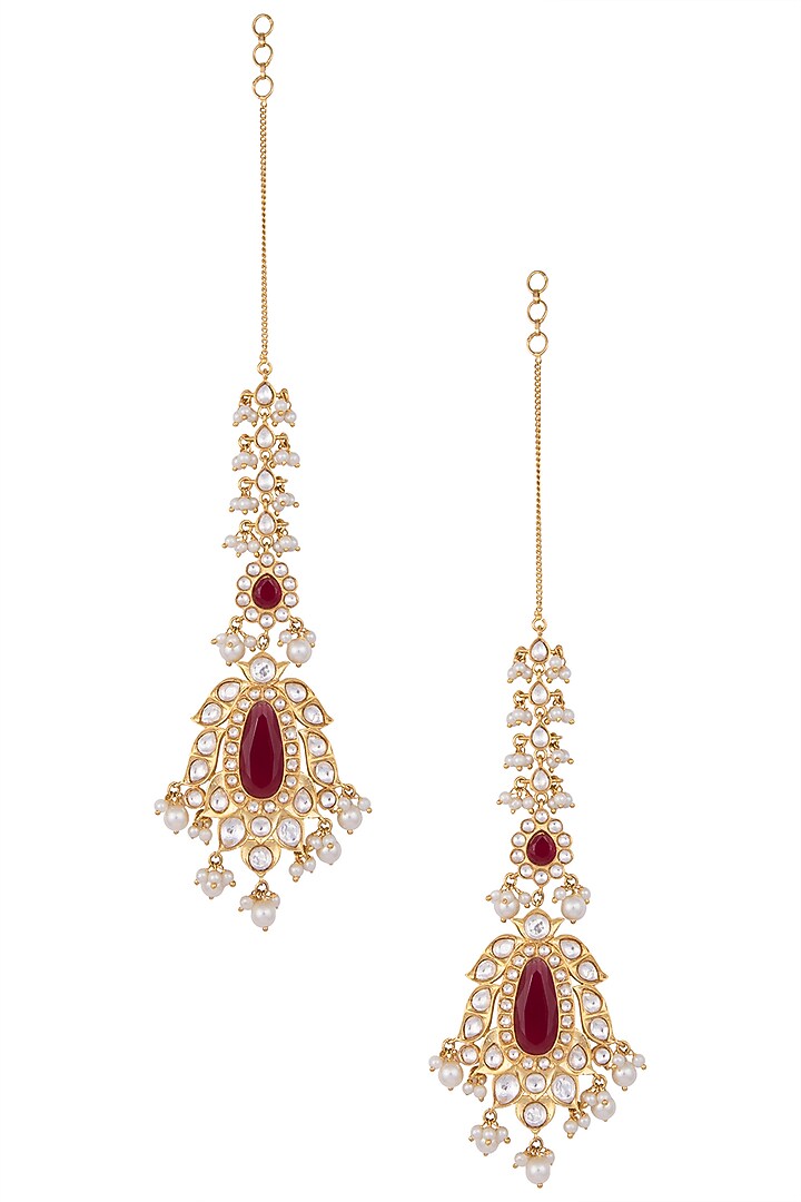 Gold finished long kundan earrings available only at Pernia's Pop Up Shop.