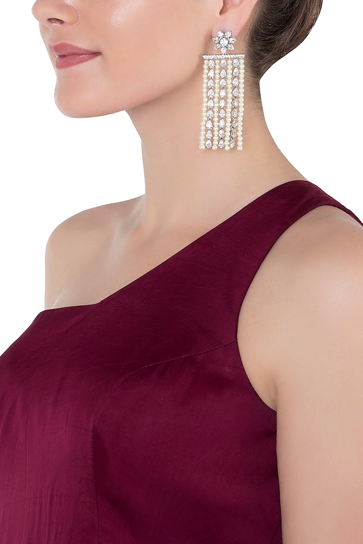 Silver Zircon Pearl Earrings by Aster