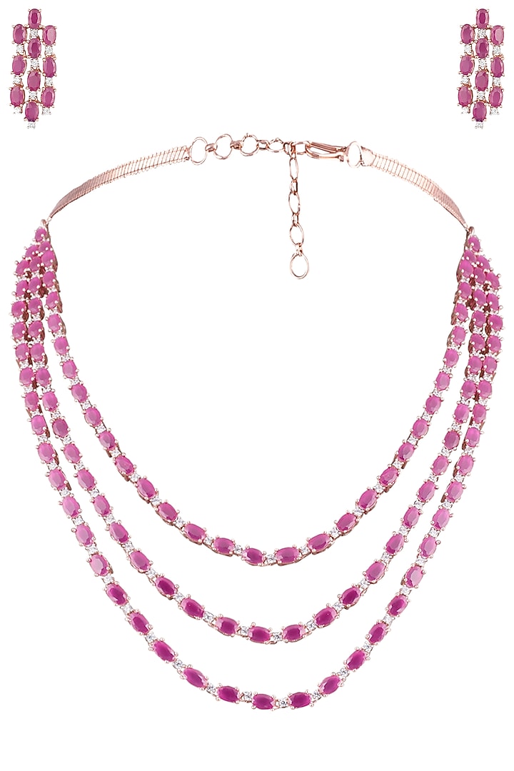Silver plated red faux ruby 3 line necklace set available only at Pernia's Pop Up Shop.