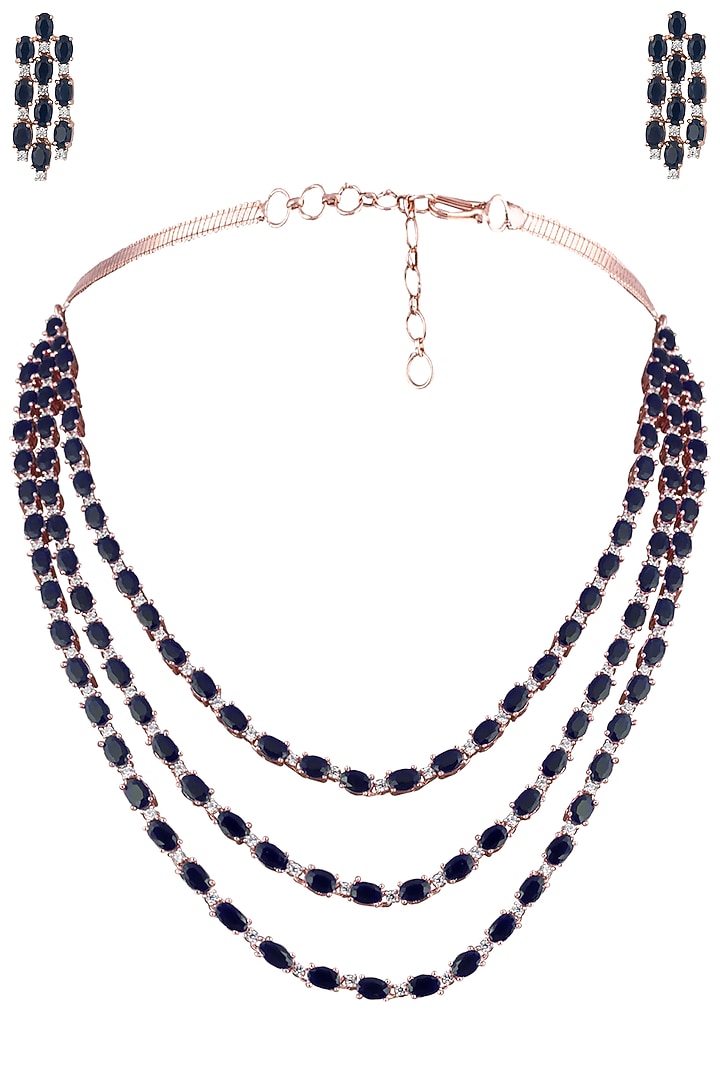 Silver plated blue faux sapphire 3 line necklace set available only at Pernia's Pop Up Shop.