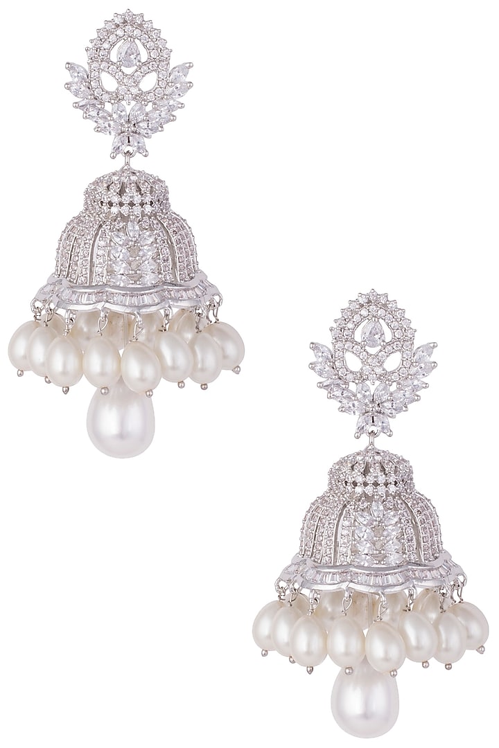 Silver plated faux diamond and pearl jhumki earrings available only at Pernia's Pop Up Shop.