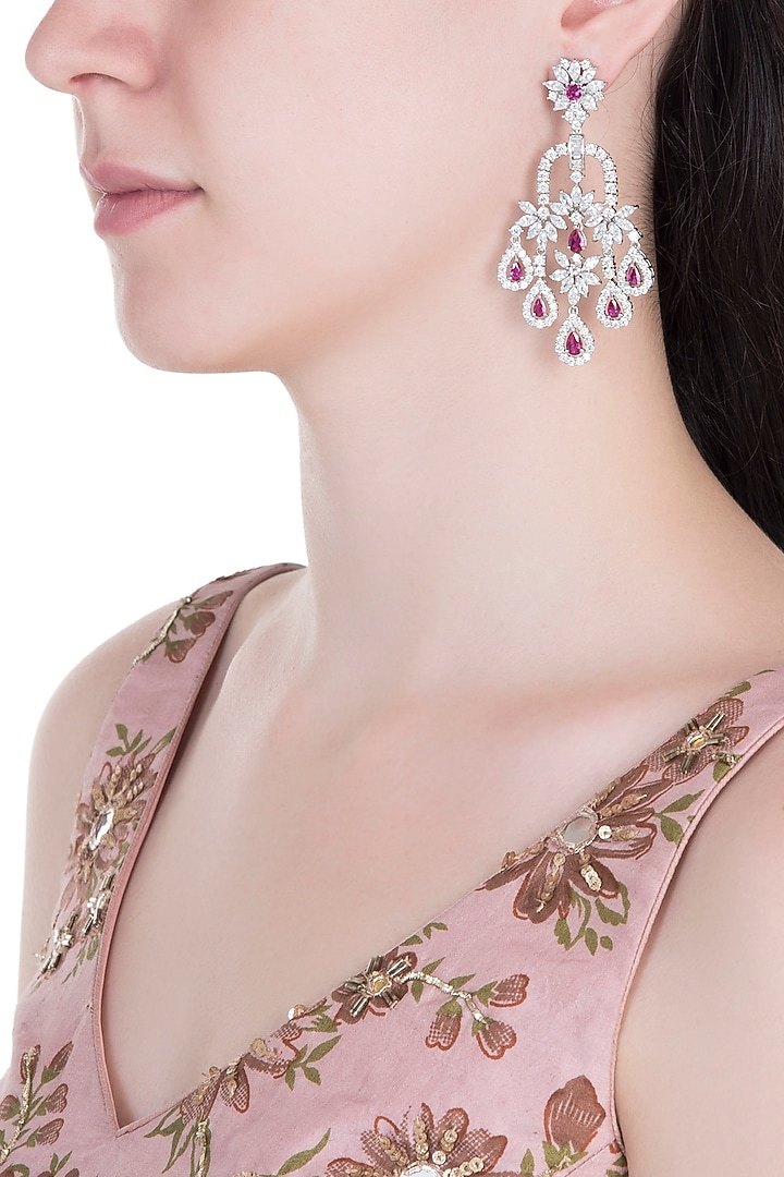Silver plated faux ruby floral dangler earrings available only at Pernia's Pop Up Shop.