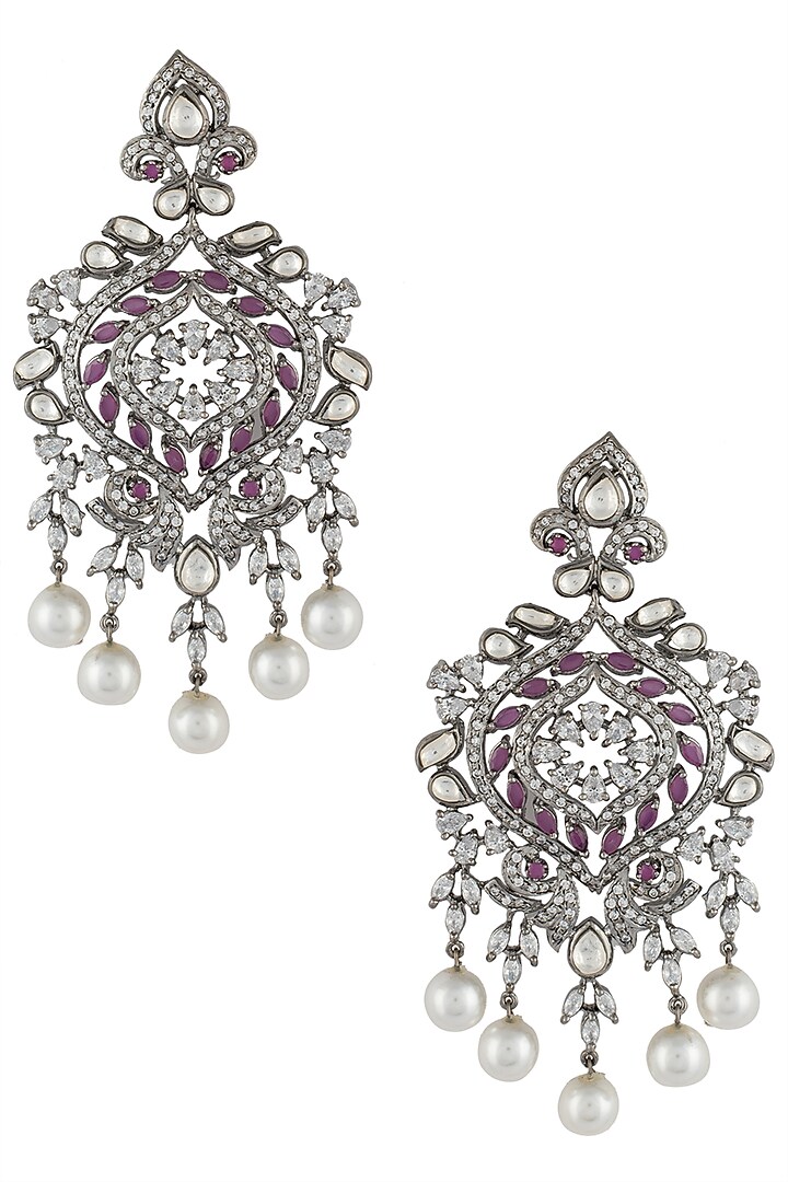 Black rhodium plated faux ruby dangler earrings available only at Pernia's Pop Up Shop.