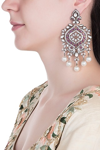 Black Rhodium Plated Faux Ruby Dangler Earrings by Aster