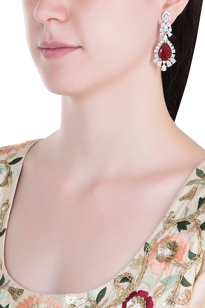 Silver Plated Faux Ruby Dangler Earrings by Aster