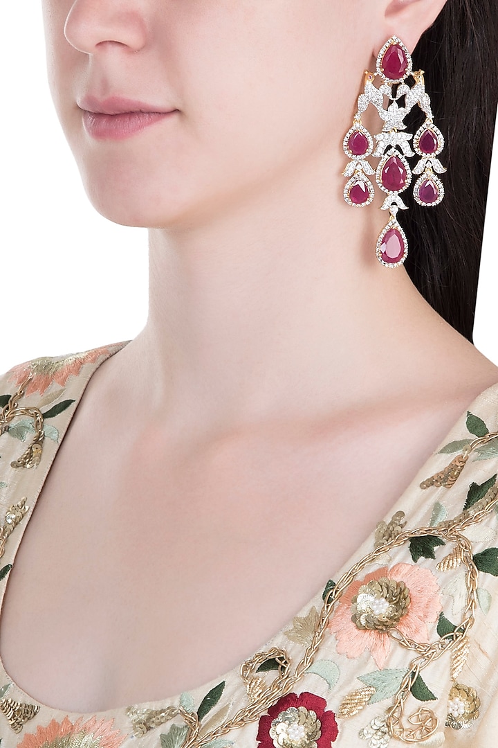 Silver Plated Bird Faux Ruby Floral Dangler Earrings by Aster