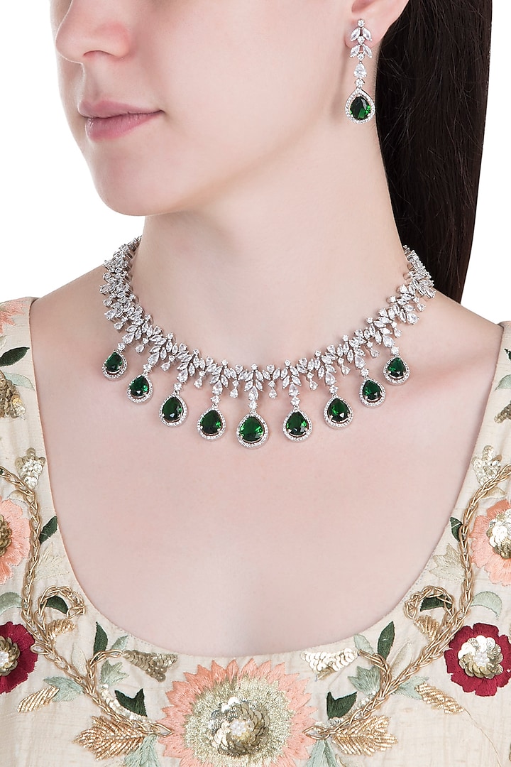 Silver Plated Faux Emerald Necklace by Aster