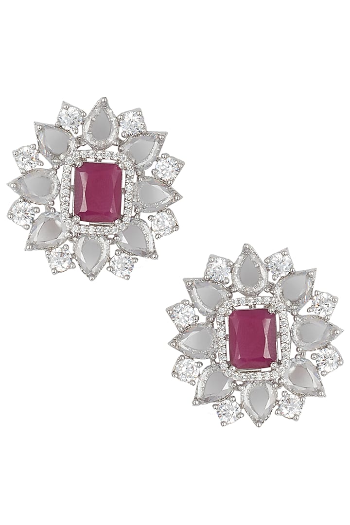 Silver plated rose cut diamond and ruby stud earrings available only at Pernia's Pop Up Shop.