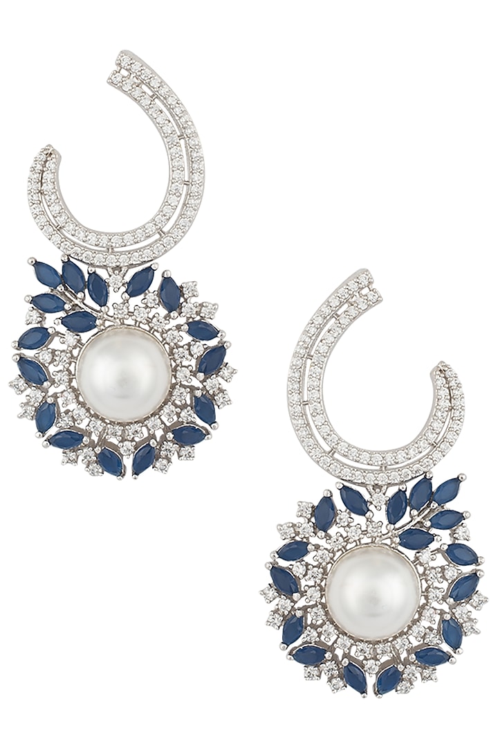 Silver plated faux pearl and blue stone earrings available only at Pernia's Pop Up Shop.