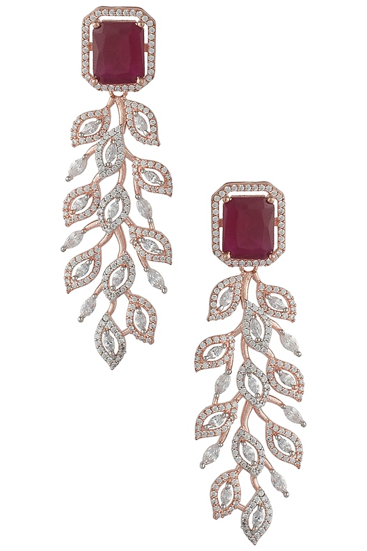 Rose gold plated faux single ruby and diamond dangler earrings available only at Pernia's Pop Up Shop.