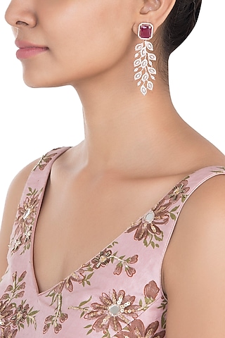Rose Gold Plated Faux Single Ruby and Diamond Dangler Earrings by Aster