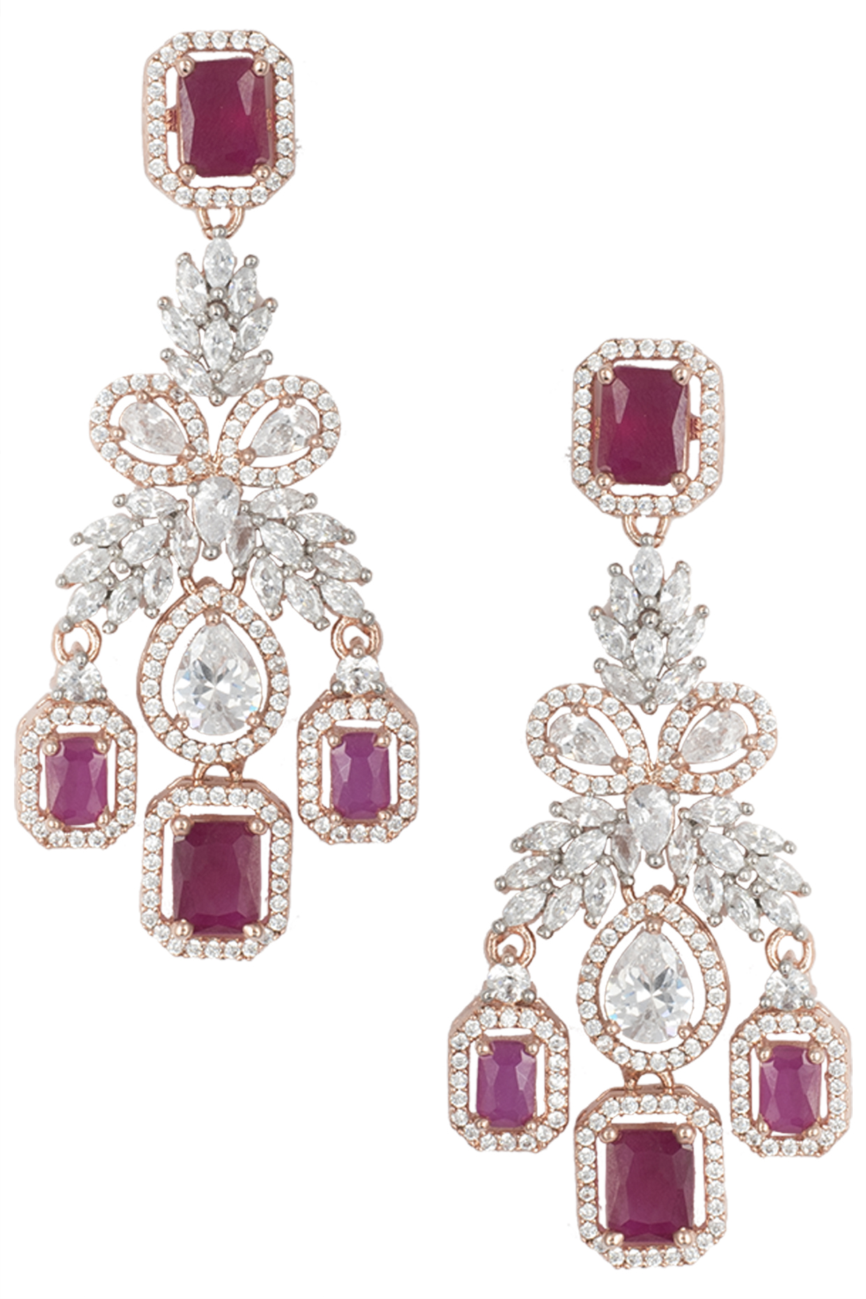 Rose Gold Plated Faux Ruby and Diamond Dangler Earrings by Aster