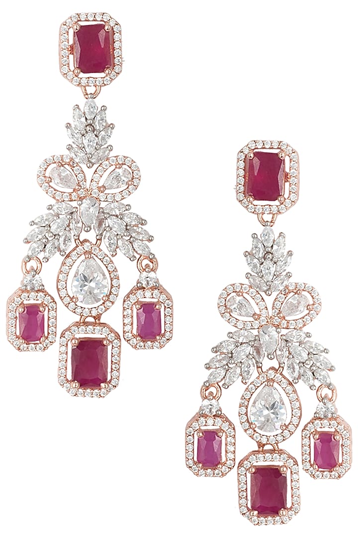 Rose Gold Plated Faux Ruby and Diamond Dangler Earrings by Aster