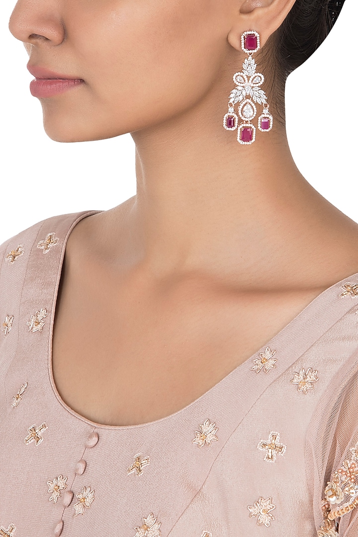 Rose Gold Plated Faux Ruby and Diamond Dangler Earrings by Aster