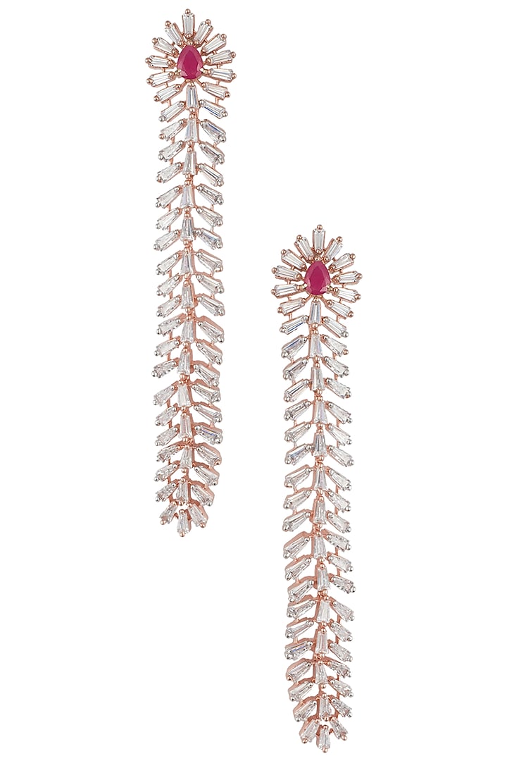 Silver plated faux ruby and diamond baguette dangler earrings available only at Pernia's Pop Up Shop.