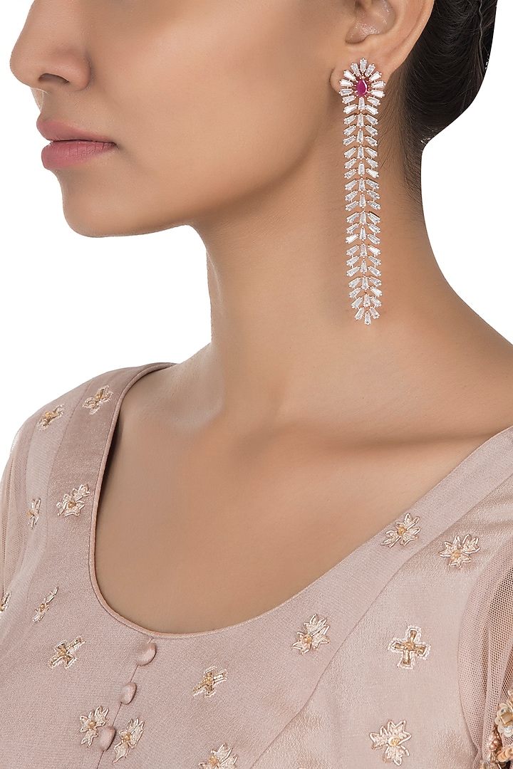 Silver plated faux ruby and diamond baguette dangler earrings available only at Pernia's Pop Up Shop.