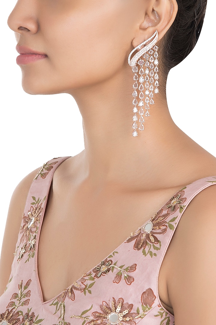 Silver plated faux diamond and rose cut stone waterfall earrings available only at Pernia's Pop Up Shop.
