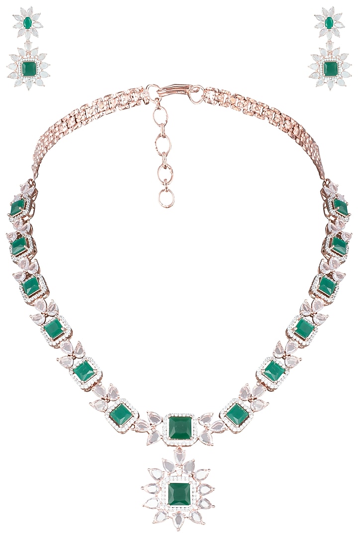 Silver plated faux emerald and rose cut stone necklace set available only at Pernia's Pop Up Shop.