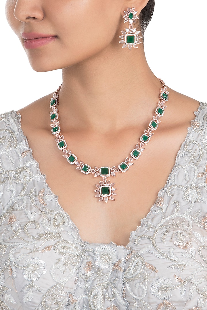 Silver Plated Faux Emerald and Rose Cut Stone Necklace Set by Aster