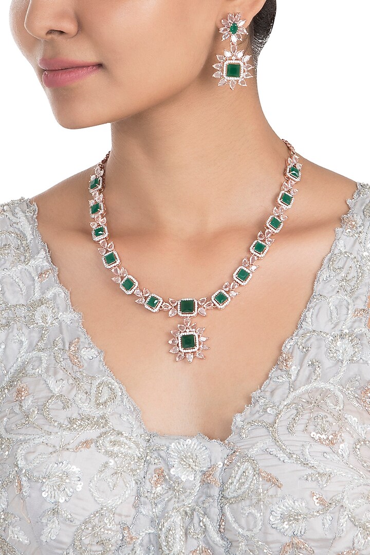 Silver plated faux emerald and rose cut stone necklace set available only at Pernia's Pop Up Shop.