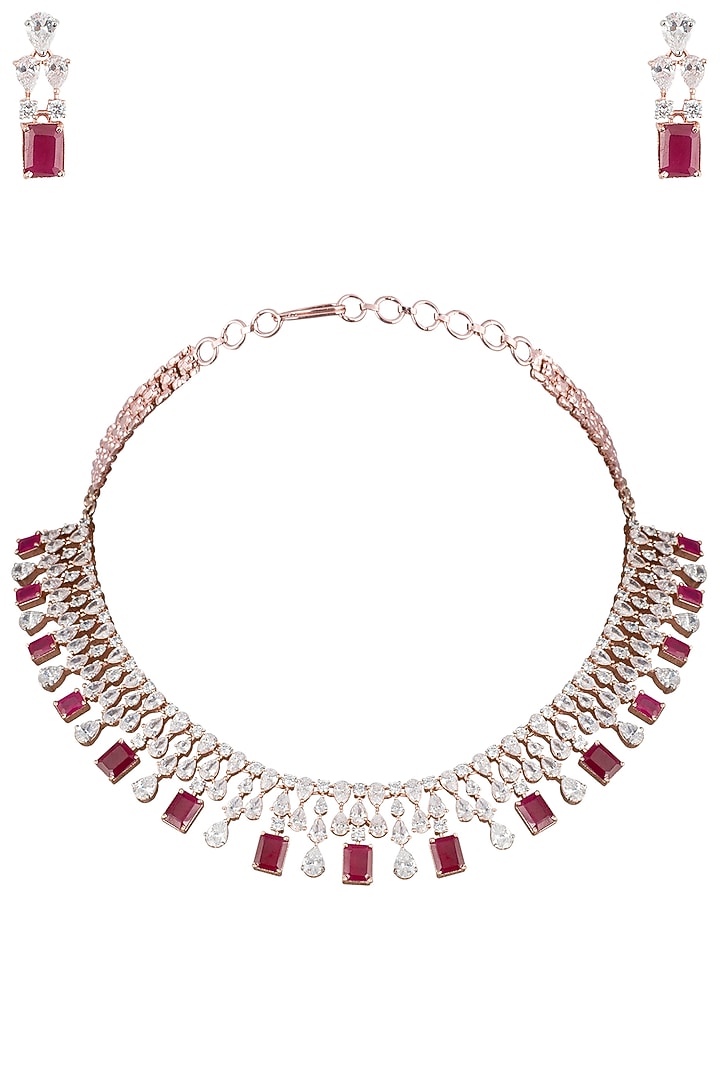 Rose gold plated faux ruby and diamond necklace set available only at Pernia's Pop Up Shop.