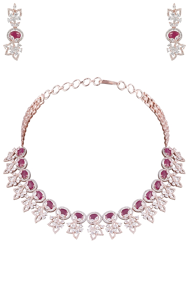 Rose gold plated faux ruby and diamond floral necklace set available only at Pernia's Pop Up Shop.