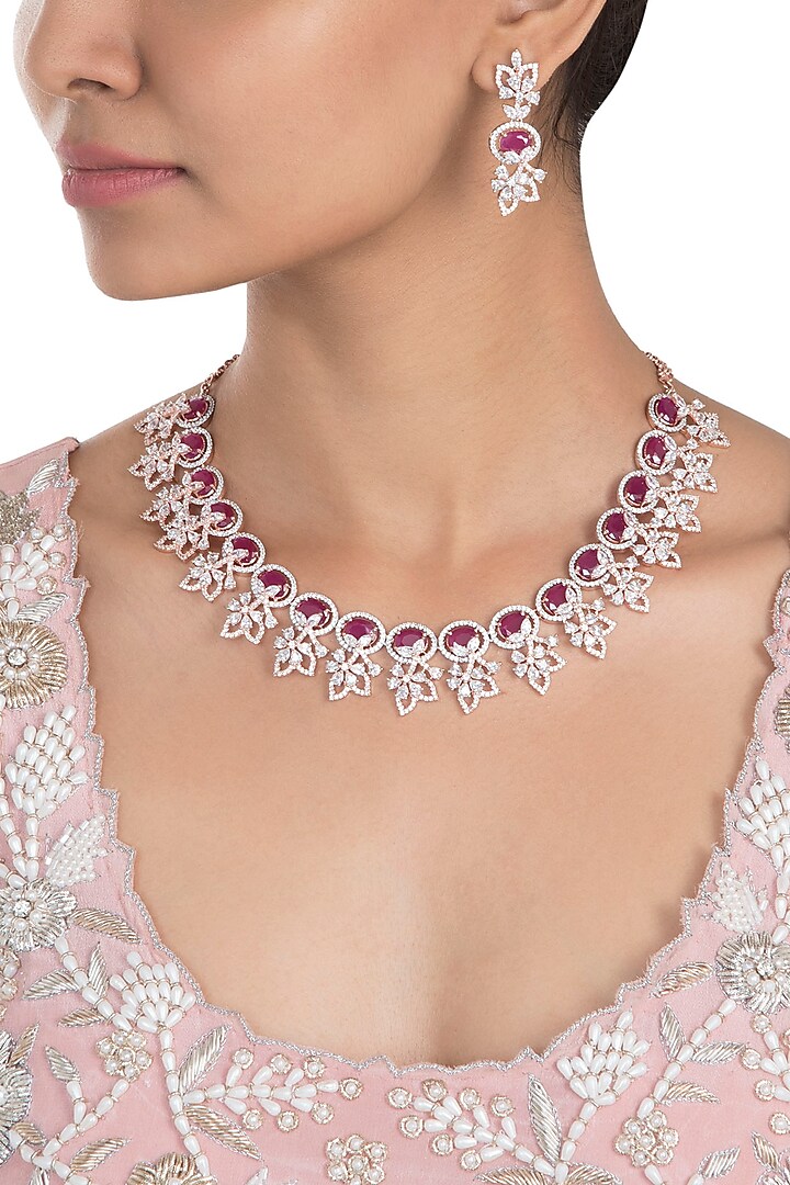 Rose Gold Plated Faux Ruby and Diamond Floral Necklace Set by Aster
