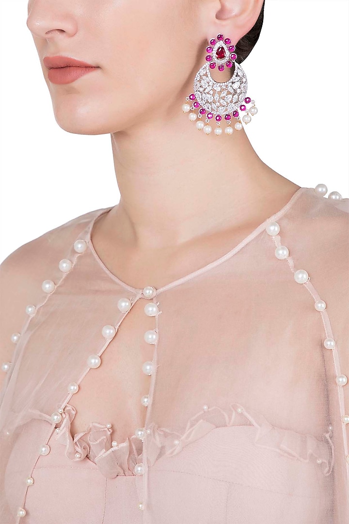 Silver plated diamond and ruby chandbali earrings by Aster at Pernia's Pop Up Shop