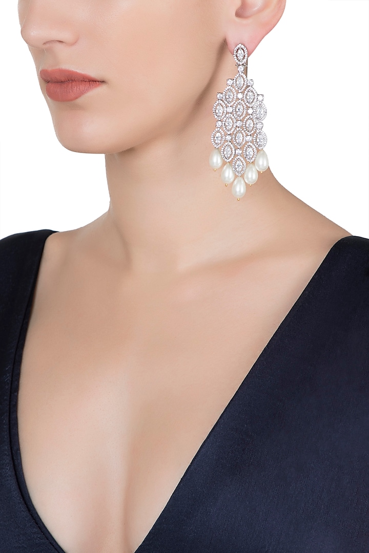 Silver plated diamond long earrings by Aster