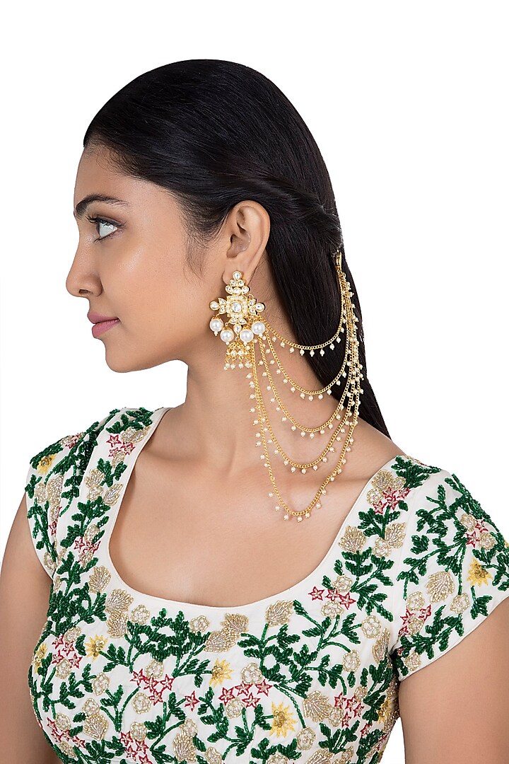 Gold plated faux kundan suspender earrings by Aster