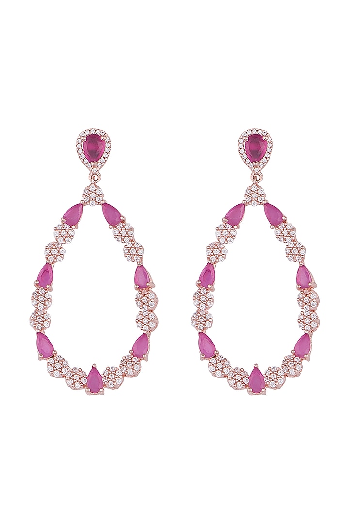 Rose gold plated faux diamond and ruby drop earrings by Aster at Pernia's Pop Up Shop
