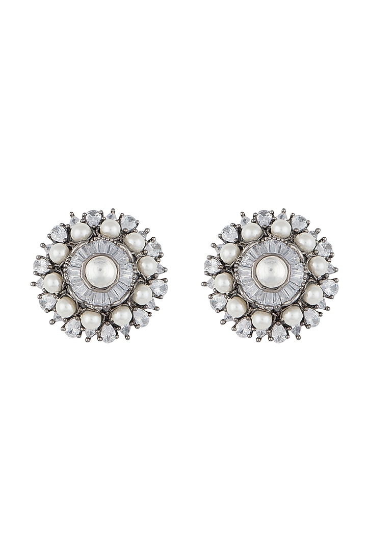 Silver plated faux diamond and pearl stud earrings by Aster at Pernia's Pop Up Shop