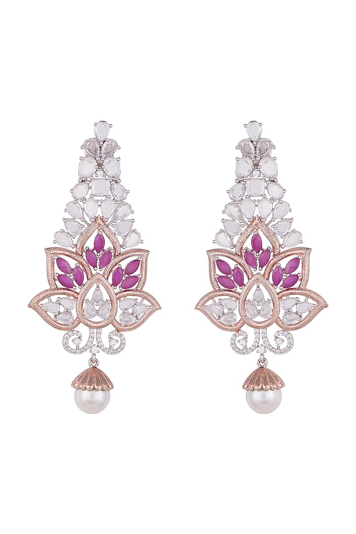 Silver plated faux diamond long floral earrings by Aster at Pernia's Pop Up Shop
