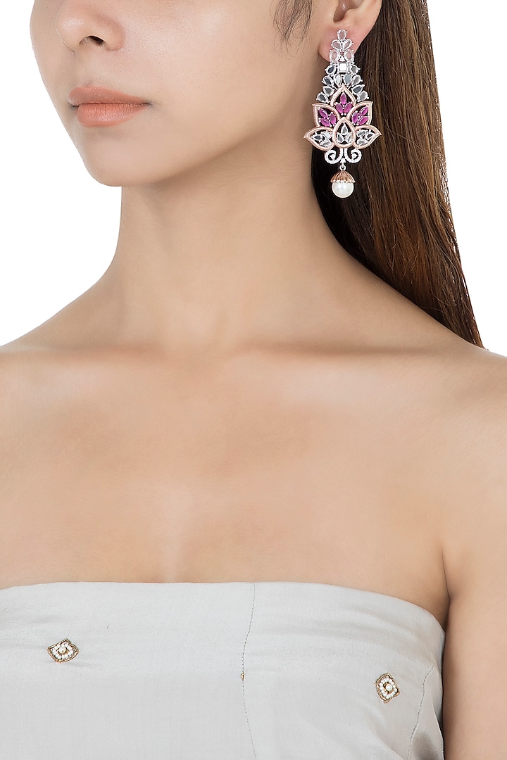 Silver plated faux diamond long floral earrings by Aster