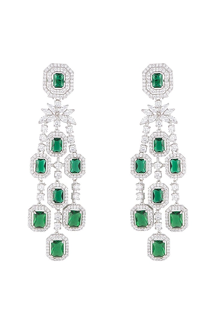 Silver plated diamond and emerald long earrings by Aster at Pernia's Pop Up Shop